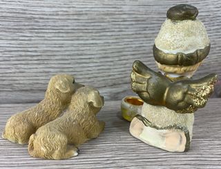 Coppia statuette angelo portacandela e cagnolini