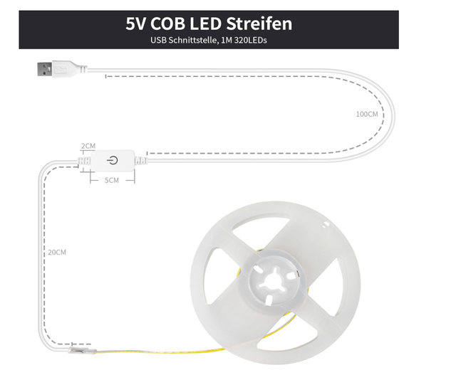 Striscia LED USB Bianco Caldo 3000K 1m