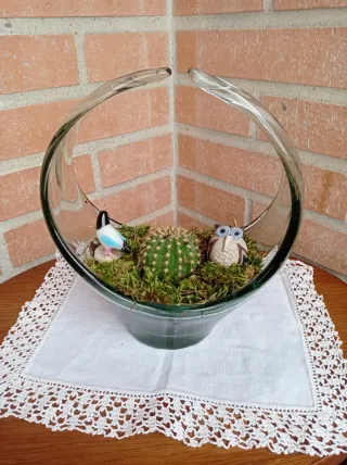 Terrario de cristal con cactus y figuras