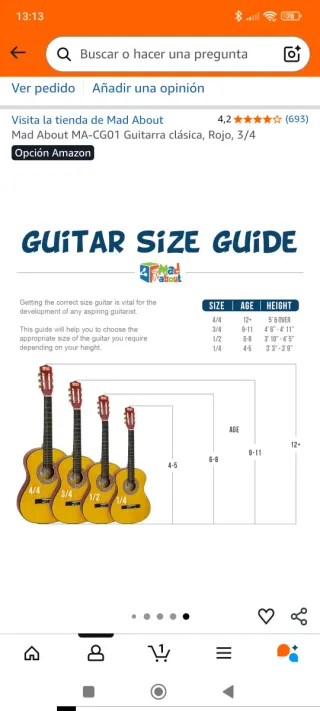 Guitarra Clásica Roja 3/4 Niños 9/11