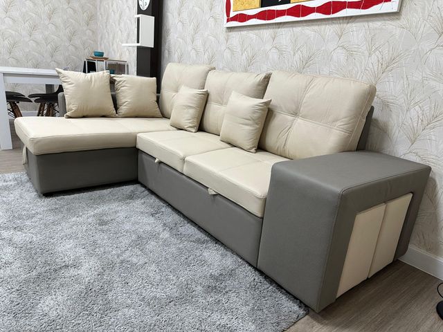 Sofá Cama Beige y Gris Tela