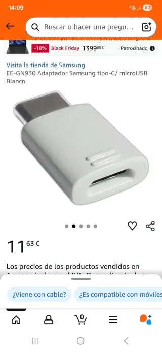 Adaptador Samsung USB-C a Micro USB. Original