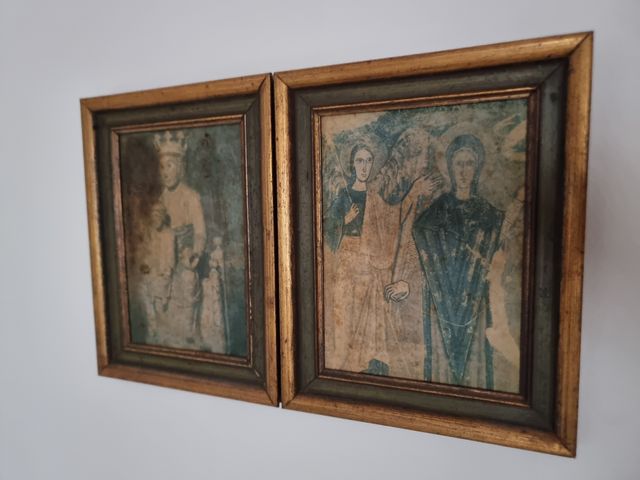 2 Fogli Religiosi con Olio su Tela in Cornice Dorata