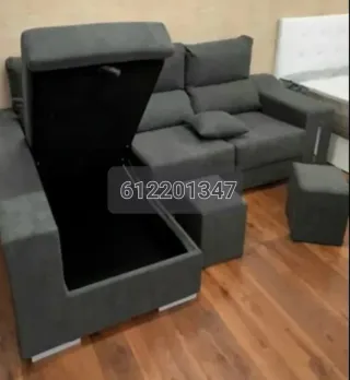 Divano Chaiselongue in Tessuto Antimacchia Aqualine, Ideale per Famiglie e Animali Domestici, Sedili Scorrevoli e Schienale Reclinabile, Include 2 Pouf e Cuscini, Grigio Scuro/Grigio Chiaro/Beige