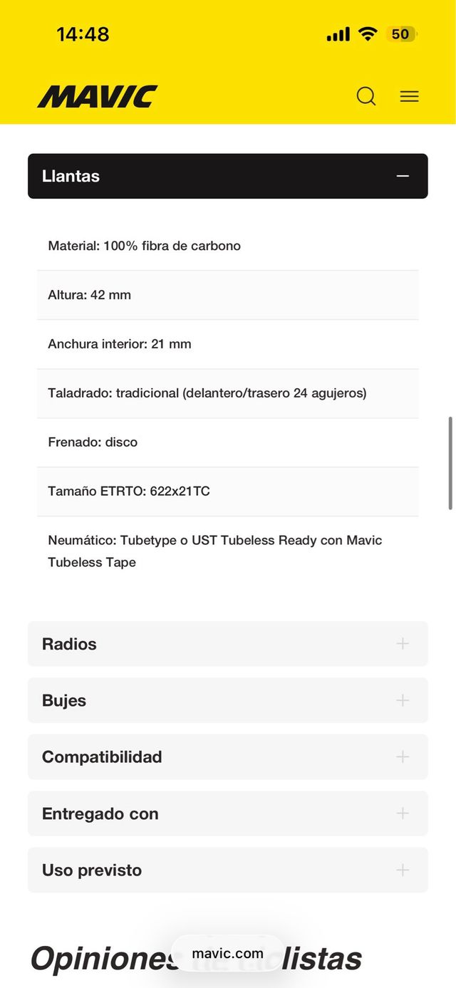 Ruedas Mavic Cosmic S42 Disc Carbono