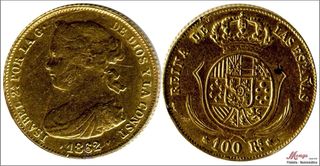 Moneda Oro 100 Reales Isabel II 1862