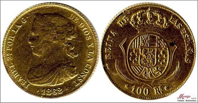 Moneda Oro 100 Reales Isabel II 1862