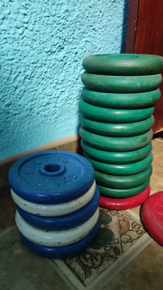 Lote 19 Discos Pesas 1kg + 2 mancuernas