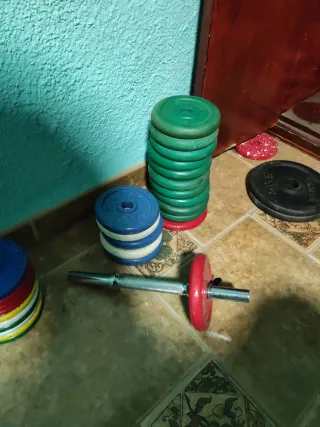 Lote 19 Discos Pesas 1kg + 2 mancuernas