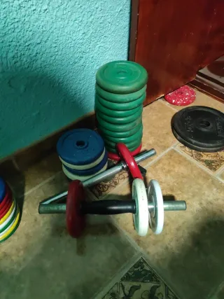 Lote 19 Discos Pesas 1kg + 2 mancuernas