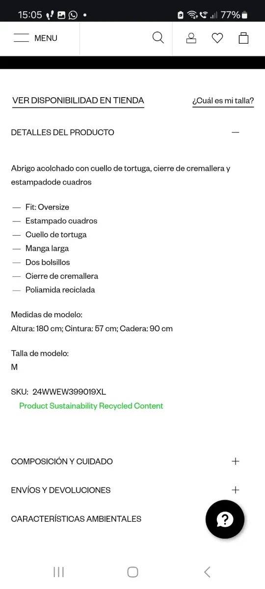 Abrigo acolchado cuadros cuello tortuga M