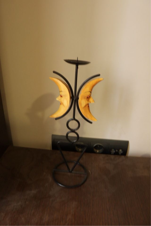 Portavelas decorativo lunas metal y madera