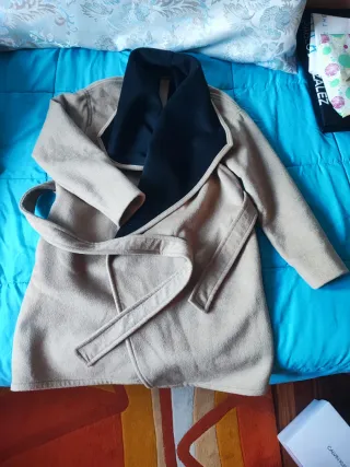 Abrigo largo paño mujer beige y negro