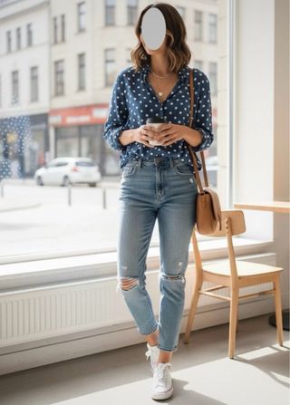 Blusa Zara lunares azul fluida.