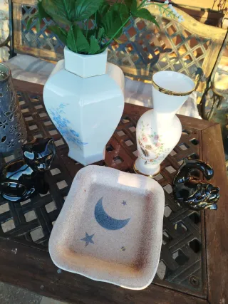 Figuras decorativas cenicero gato cisne  y jarron