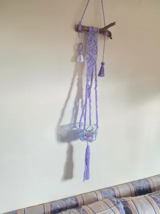 Fioriera sospesa macramè con ramo legno