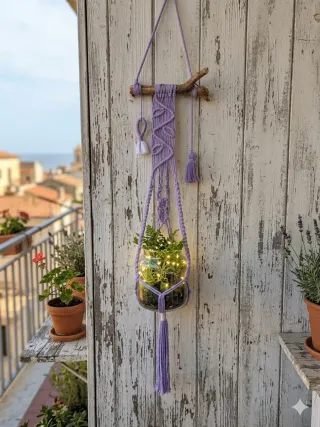 Fioriera sospesa macramè con ramo legno rustico