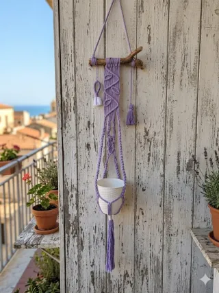 Fioriera sospesa macramè con ramo legno rustico