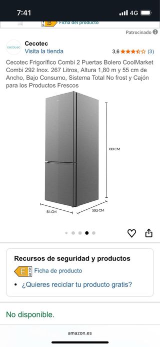 Nevera Cecotec Bolero 292 inox