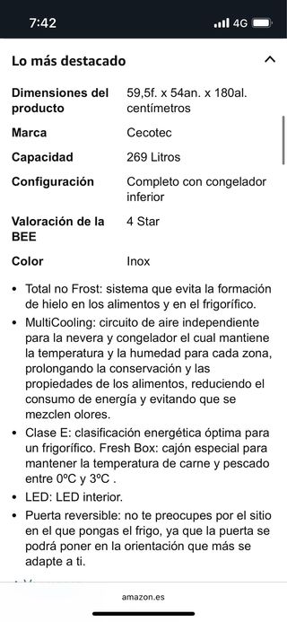 Nevera Cecotec Bolero 292 inox