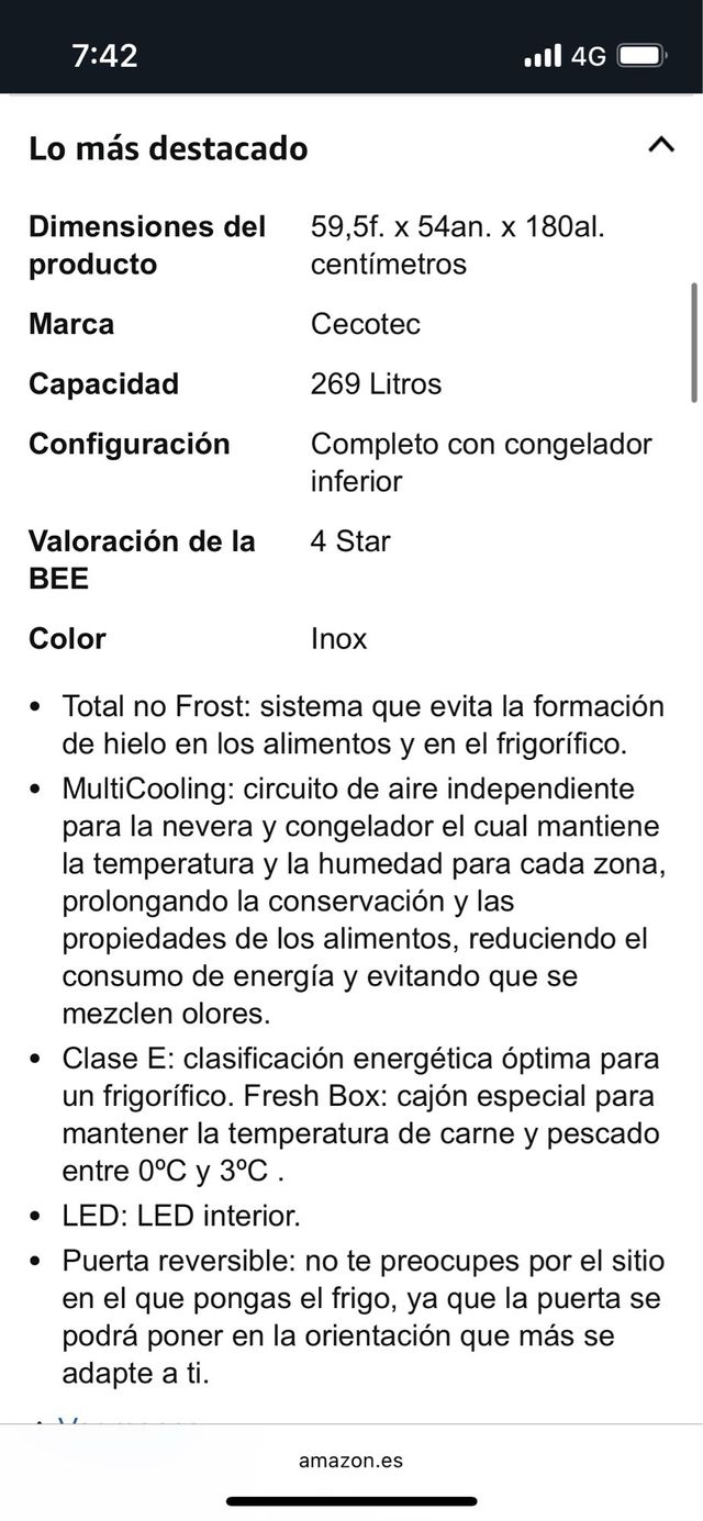 Nevera Cecotec Bolero 292 inox