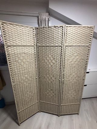 Biombo 3 paneles mimbre sintético beige/gris