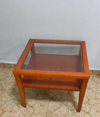 Mesita auxiliar madera maciza y cristal