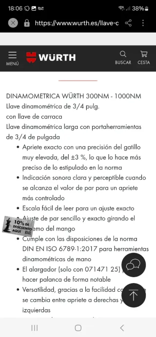 Llave dinamométrica 3/4 pulg. WÜRTH