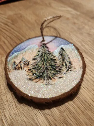 Pallina Natale Legno Pirografata Scena Invernale
