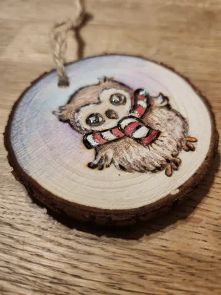 Pallina Natale Legno Pirografata Gufo Sciarpa