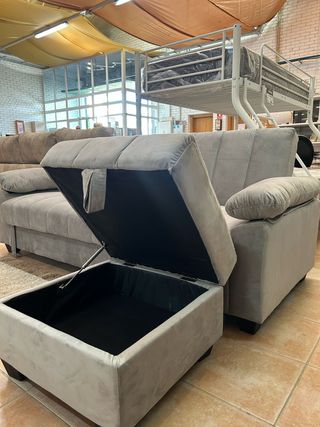 Sofá cama moderno gris con arcón y puff NUEVO
