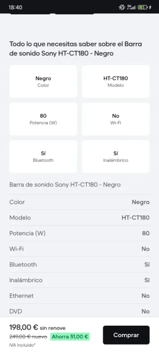 Barra de sonido Sony HT-CT180 Negra