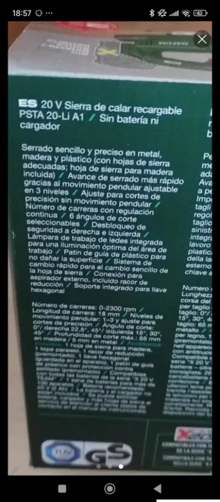 Sierra de calar Parkside 20V (sin batería)