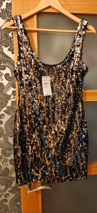 Vestido fiesta lentejuelas negro y dorado