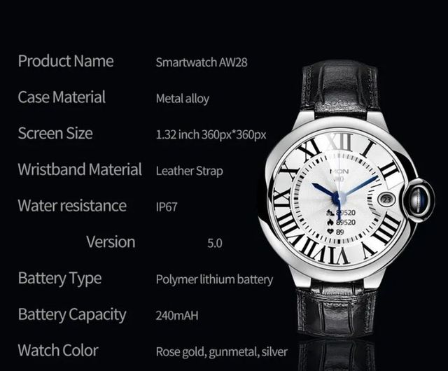 Smartwatch AW28 - Metal, Piel, IP67