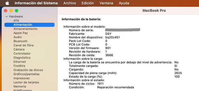 MacBook Pro 13 2017 i5 8GB 256GB Revisión Batería