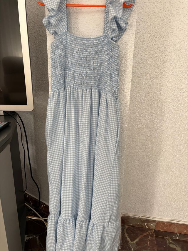 Vestido largo cuadros azul y blanco
