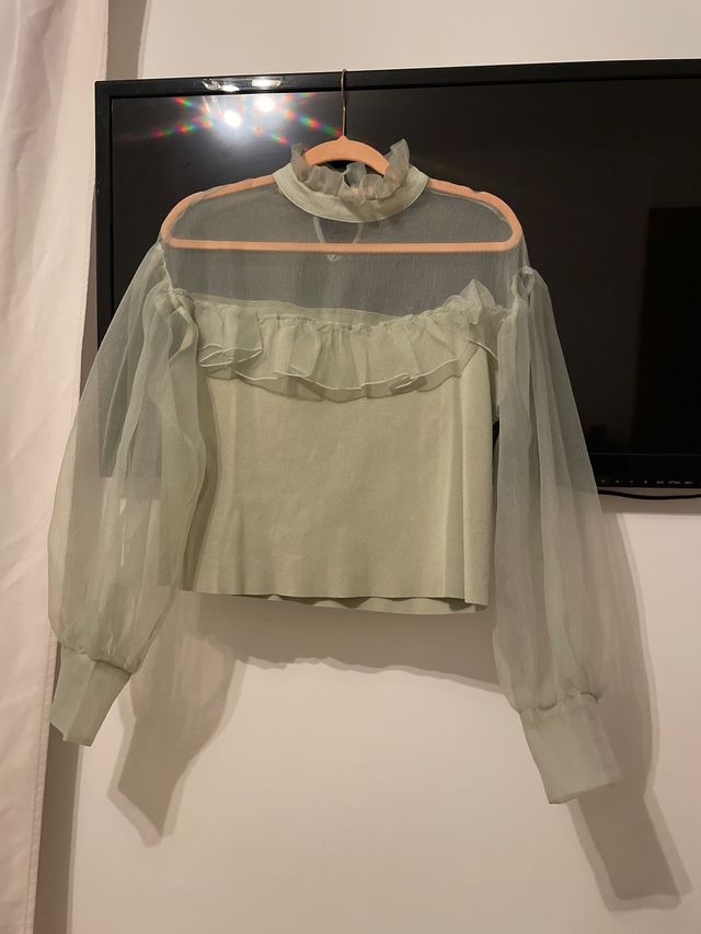 Jersey Zara M verde transparente mangas abullonada