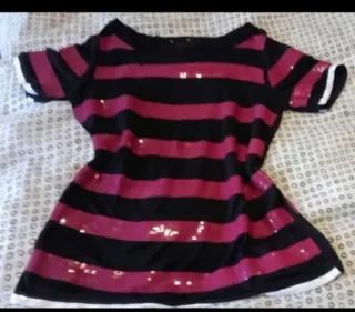 Camiseta de lentejuelas rayas anchas negro, burdeo