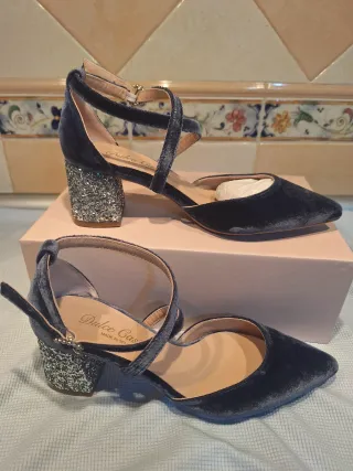 Zapatos de terciopelo azul y plata