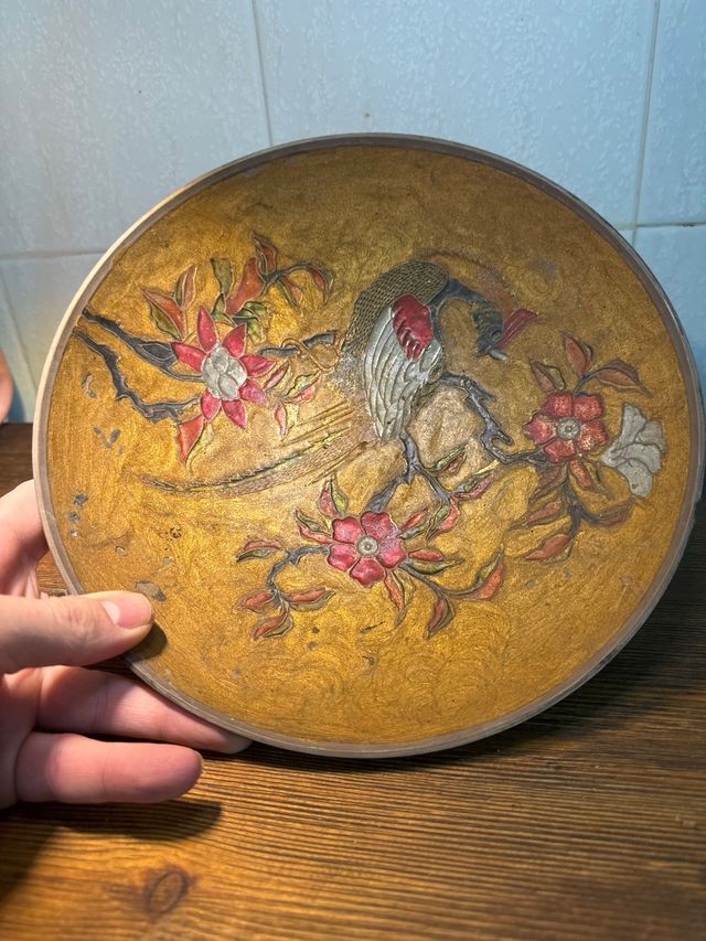 Ciotola in bronzo vintage India Uccello Fiori