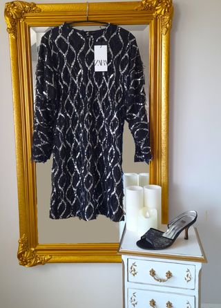 Vestido fiesta Zara lentejuelas negro/plata