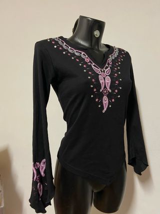 Top nero V manica lunga boho fairy y2k glam urban