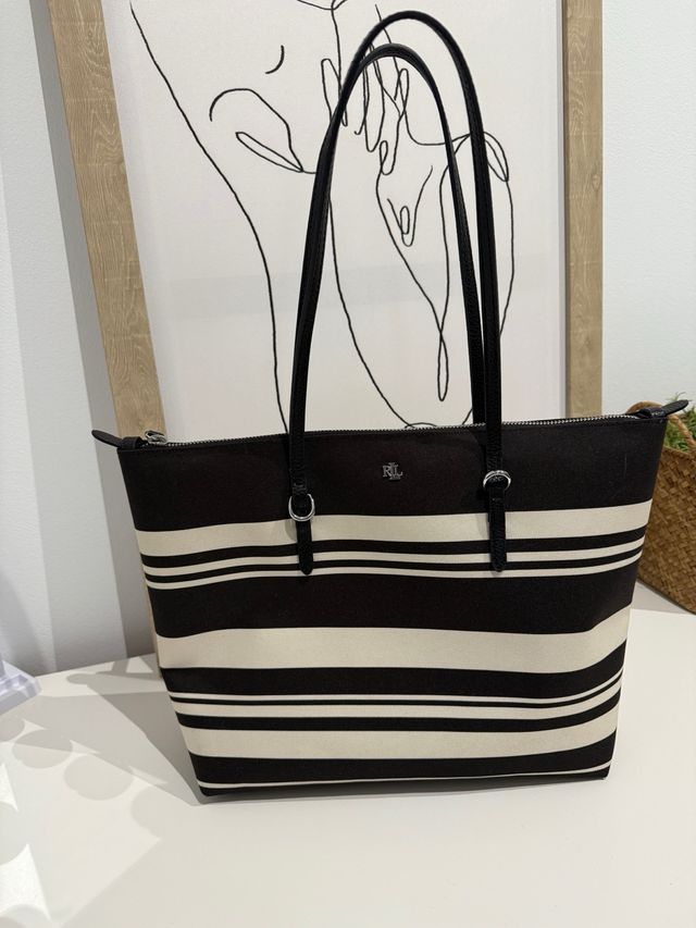 Bolso Tote Rayas Ralph Lauren Negro Blanco