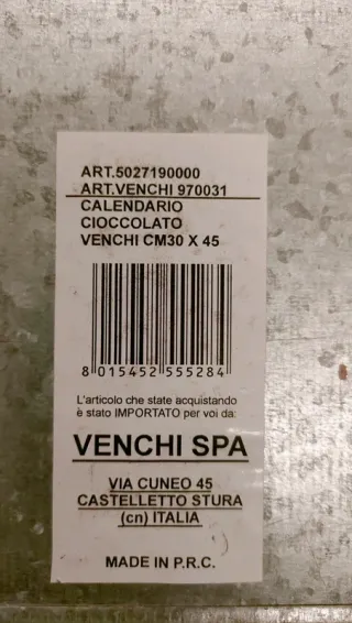 Calendario Venchi Cioccolato Metallo Magnetico