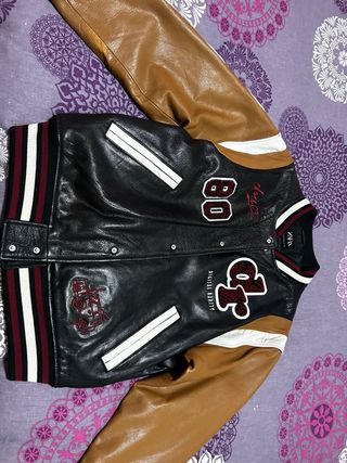 Cazadora Beisbolera Piel Negra y Marrón