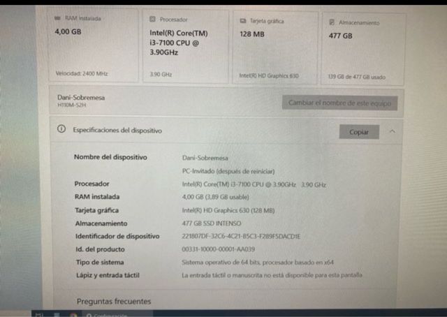 Ordenador Intel Core i3 7100 4GB RAM 477GB SSD