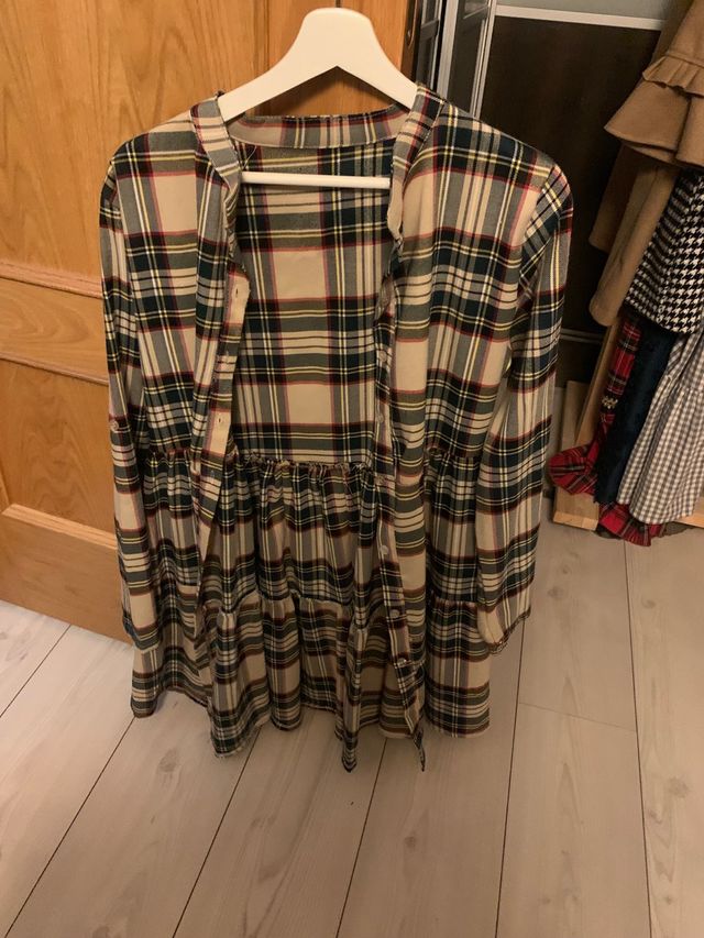 Vestido corto cuadros escoceses beige/verde