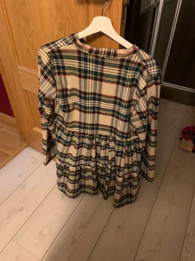 Vestido corto cuadros escoceses beige/verde