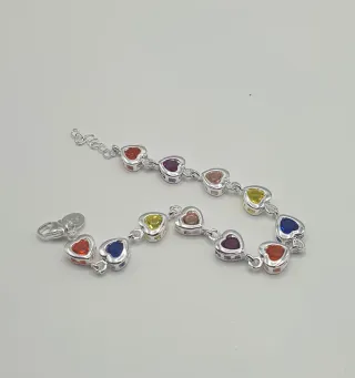 Pulsera Plata Ley 925 Corazones Multicolor
